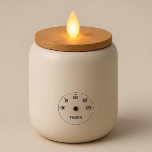 Modern Ceramic Flameless Candle Lamp with Wooden Lid Timer Function