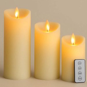 3 Large LED Pillar Candle Set of Three with Remote and Flickering Flame