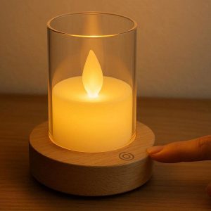 Nordic Wooden Base Flameless Candle Lamp with Smart Touch Sensor